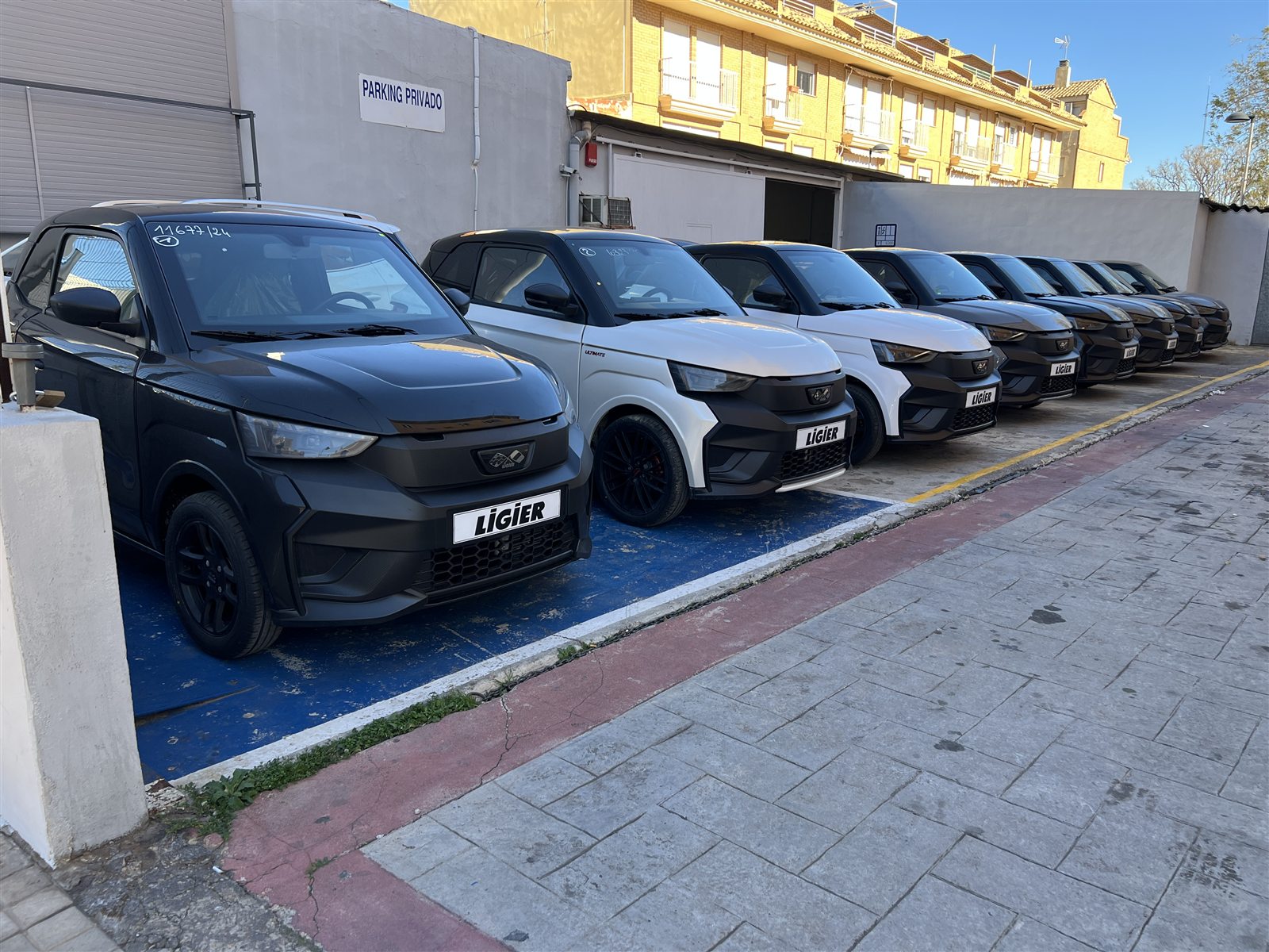 LIGIER JS50 negro en primer plano y la fila de coches nuevos en el patio de Turia Auto Garage