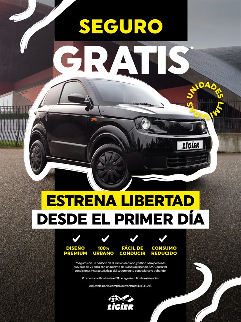 Cartel oficial de LIGIER: Seguro gratis, estrena libertad desde el primer día, aplicable a la compra de un Myli Lab